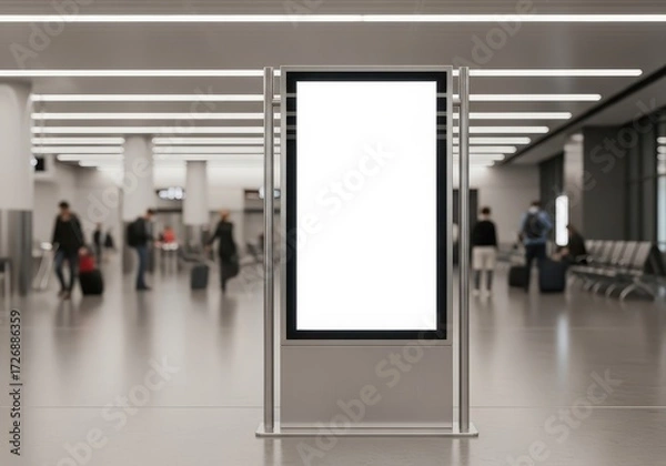 Fototapeta Vertical blank digital information screen in a modern, blurred airport or train station terminal, providing space for advertising, branding, or public announcements in a bustling environment