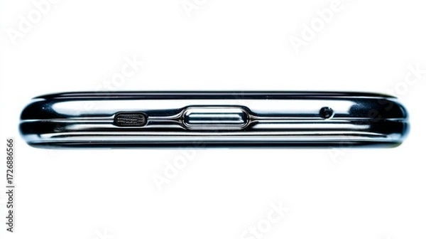 Fototapeta Closeup sideprofile of a sleek, slim smartphone with metallic frame against a clean white background, emphasizing modern design and elegance with ample copy space for branding or message