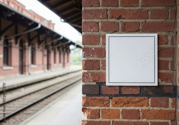 Fototapeta A blank square white sign offers a clean mockup space on a rustic red brick wall at an empty train station platform with tracks in the background