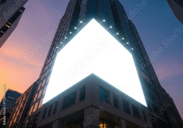 Fototapeta Large blank illuminated digital billboard on a modern city skyscraper at twilight, ready for custom promotional content or an important message