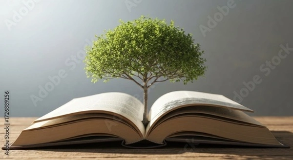 Fototapeta A young tree grows from an open book, resting on a wooden surface
