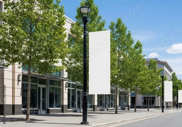 Fototapeta Standard urban background featuring blank white advertising banners on a city sidewalk. Modern business district with empty storefronts for mockup