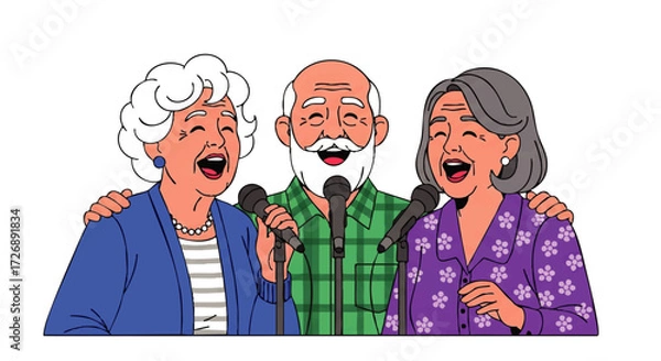 Fototapeta Elderly friends singing together with joyful expressions