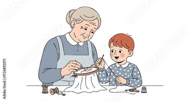Fototapeta An older woman and a young boy sitting at a table, engaged in sewing and crafting activities with various tools and materials.