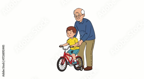 Fototapeta An elderly man assisting a young boy riding a red bicycle with training wheels on a plain white background.