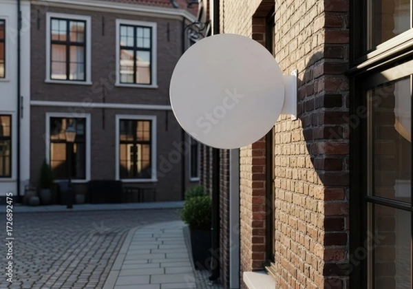 Fototapeta Blank round white sign mockup on a brick wall with an urban street background. Empty circular signboard for logo or branding presentation