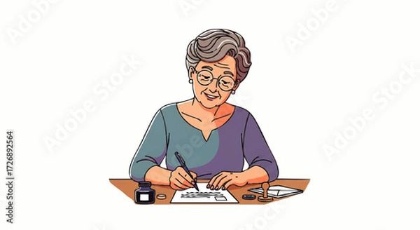 Fototapeta Illustration of a senior woman writing on a piece of paper at a desk with a pen and glasses on a white background.
