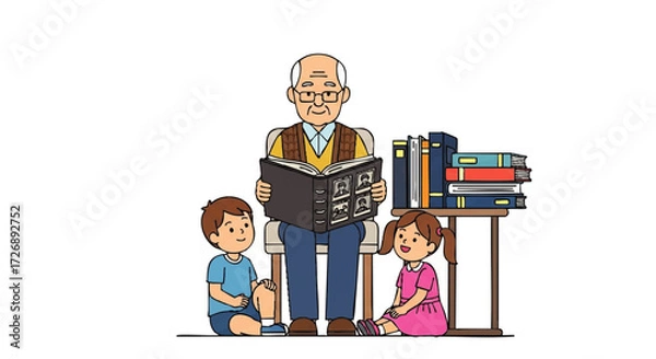 Fototapeta An elderly man reads a book to a young boy and girl sitting beside him with a stack of books on a table.