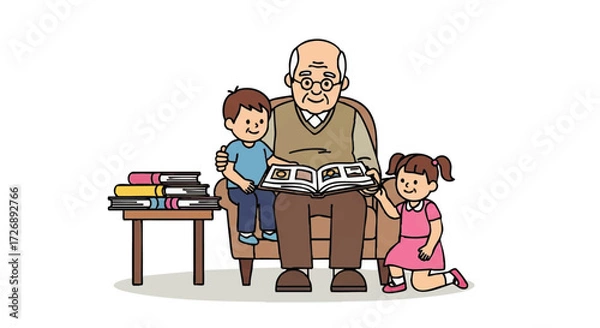 Fototapeta An elderly man reads a book to a boy and a girl sitting beside him on a chair and on the floor in a colorful scene.