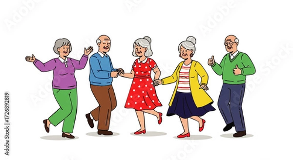 Fototapeta A group of five senior adults dancing in a line with colorful outfits on a white background.