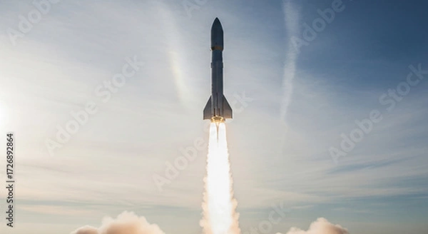 Fototapeta Powerful rocket blasting off into a clear sky with bright engine exhaust and wispy clouds, symbolizing innovation and exploration.