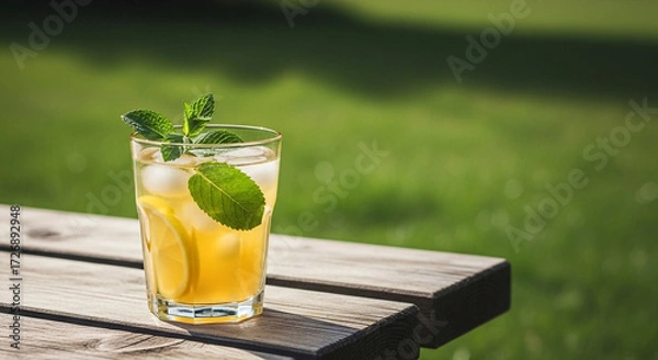 Fototapeta Sip refreshing iced tea with lemon and mint on a warm summer day, enjoying nature's tranquility and a cool, revitalizing drink outdoors.