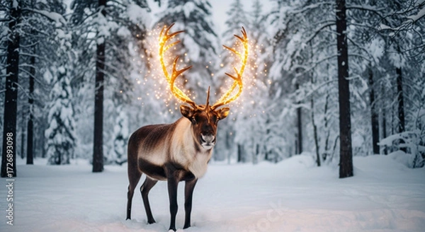 Fototapeta Majestic reindeer with glowing antlers stands serenely in a magical snow-covered forest, inspiring wonder and holiday spirit.