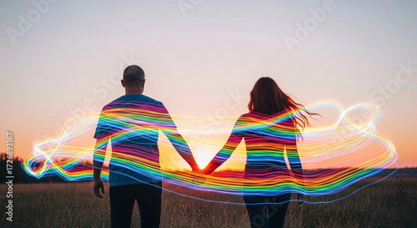 Fototapeta Embrace vibrant connection as a couple walks hand-in-hand through a golden sunset, bathed in flowing rainbow light trails symbolizing hope and unity.