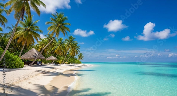 Fototapeta Escape to paradise with stunning turquoise waters, pristine white sand beaches, and lush palm trees creating an idyllic tropical getaway.