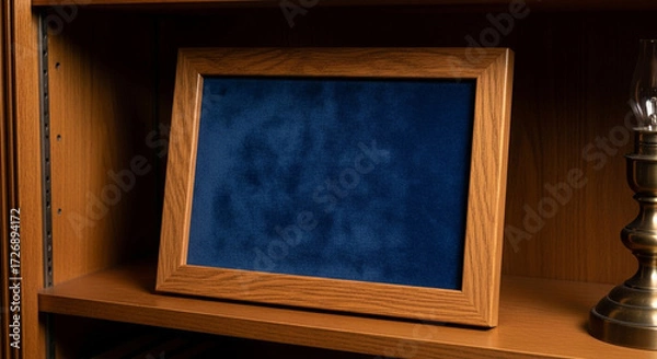 Fototapeta Elegant wooden framed display with rich blue velvet insert rests on a polished shelf next to a vintage brass lamp, perfect for showcasing achievements or memories.