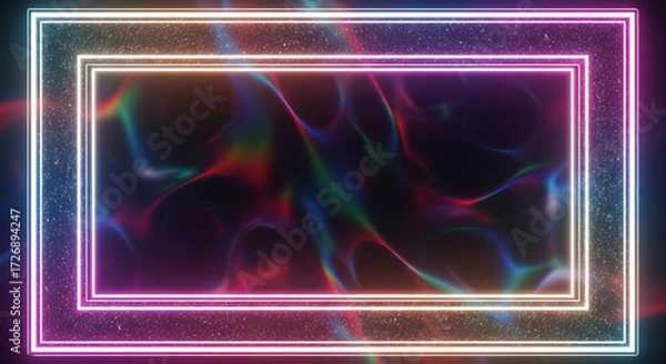 Fototapeta Vibrant, swirling abstract colors within a glowing neon rectangle frame with sparkling dust effects, perfect for dynamic modern designs and futuristic themes.