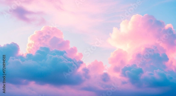 Fototapeta Dreamy pastel clouds glow with soft pink and blue hues during a magical sunset, inspiring wonder and tranquility for your next project.