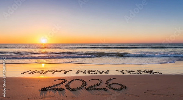 Fototapeta Wishing you a radiant and hopeful 2026 as 'Happy New Year' is beautifully etched into the golden sand with the sun setting over the serene ocean waves.