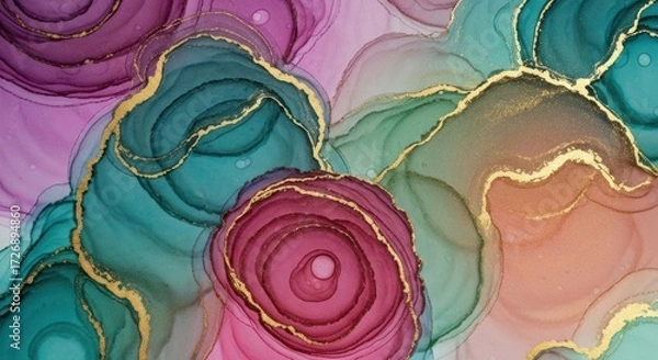 Fototapeta Abstract artwork with swirling, layered colors and gold accents