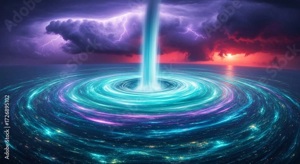 Fototapeta Stunning cosmic vortex engulfs ocean under dramatic lightning storm with vibrant sunset painting the horizon
