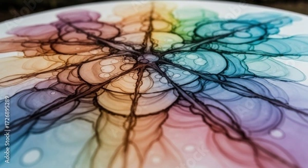 Fototapeta Abstract, colorful, radial design on a light-colored surface.  Intricate, flowing lines and shapes create a vibrant, textured pattern
