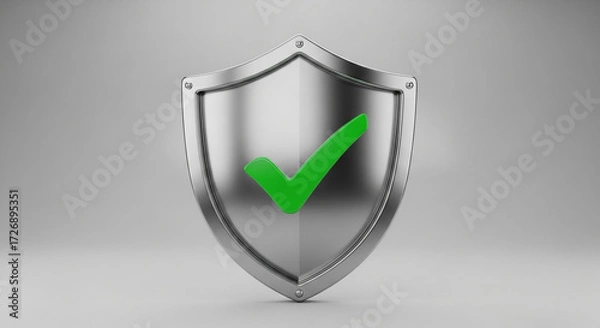 Fototapeta Secure and verified symbol of trust, a polished metal shield featuring a vibrant green checkmark, representing safety and approval.