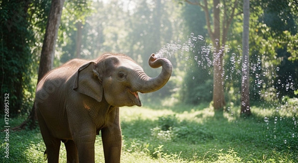 Fototapeta Playful baby elephant joyfully sprays water and bubbles in a sunlit lush forest, capturing pure wild wonder and innocence.