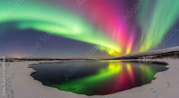 Fototapeta Stunning aurora borealis dances with vibrant colors over a serene snow-covered landscape and calm lake reflecting the magical sky
