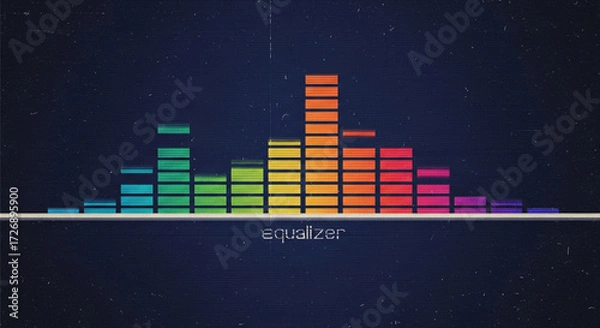 Fototapeta Vibrant equalizer bars pulse with rainbow colors, creating a dynamic audio spectrum visualization with a retro, analog feel