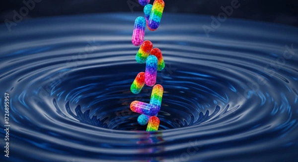 Fototapeta Vibrant rainbow pills cascade into a deep blue whirlpool, symbolizing hope, treatment, or a powerful solution entering a complex situation.