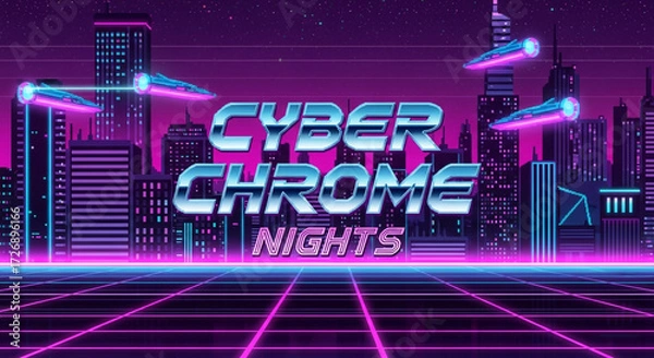Fototapeta Retro futuristic cityscape with flying vehicles and neon grid, evoking a vibrant synthwave aesthetic for digital projects