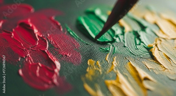 Fototapeta Artist meticulously blends vibrant oil paints on textured canvas, capturing creative process and artistic expression in stunning detail