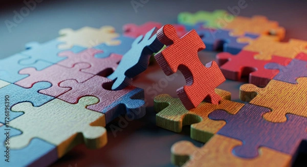 Fototapeta Dynamic puzzle pieces connecting, symbolizing teamwork, strategy, and problem-solving in a vibrant, modern concept.