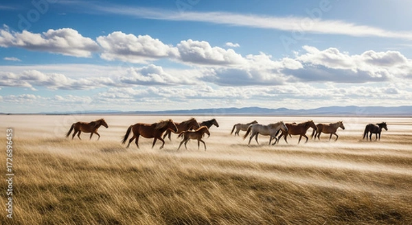 Fototapeta Experience the thrill of wild horses running free across the windswept plains in this stunning landscape scene, perfect for travel and adventure themes