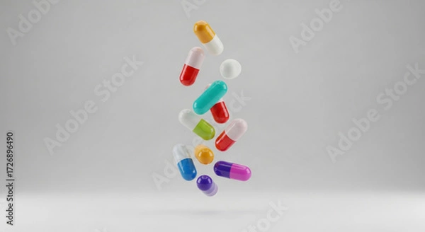 Fototapeta Colorful capsules and pills falling gracefully against a clean backdrop for modern medicine and wellness campaigns, promoting health and vitality