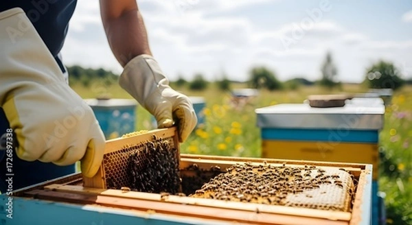 Fototapeta beekeeper inspects beehive frame honey production apiary
