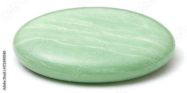 Fototapeta Smooth Oval Green Jade Stone with mockup White Veins Isolated on a White Background polished