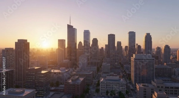 Fototapeta Aerial cityscape at sunrise.  Urban skyline with numerous high-rise buildings.  Golden sunlight illuminates the buildings.  Soft, diffused light