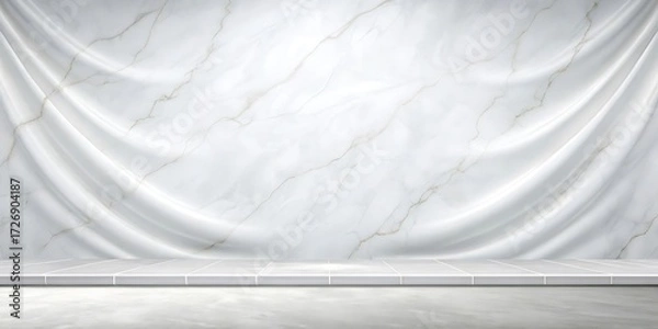 Fototapeta A mockup white marble wall with draped white fabric and a tiled floor creating a studio display setting image