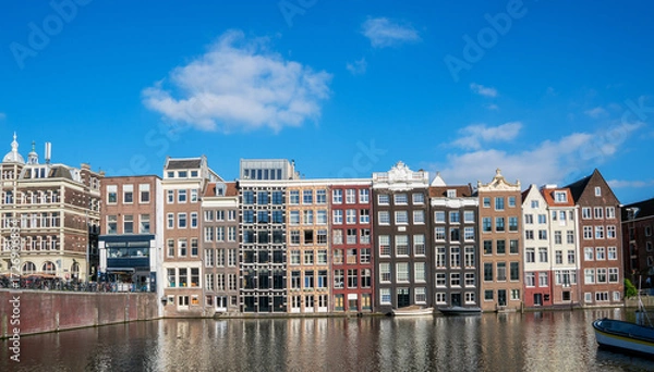 Fototapeta Row of colorful, narrow canal houses with large windows and gabled roofs reflecting on a calm waterway under a blue sky, located in a picturesque city center.