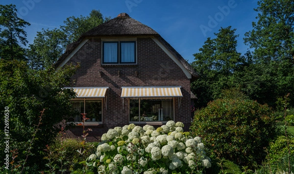 Fototapeta Brick house with a thatched roof and striped yellow awnings surrounded by lush garden shrubs and blooming white hydrangeas in a quiet residential area of Giethoorn, Netherlands, on a sunny day.