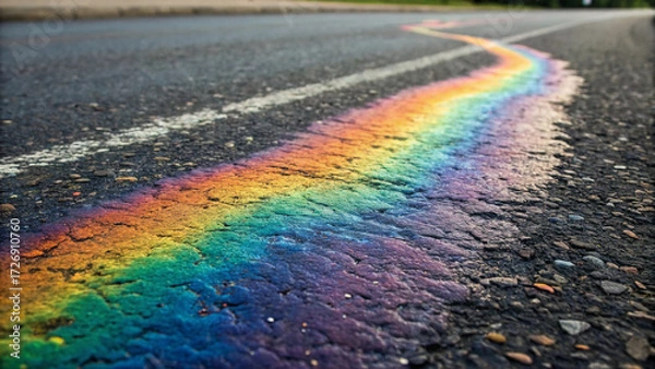Fototapeta Colorful Rainbow Oil Spill Pattern on Wet Asphalt Surface