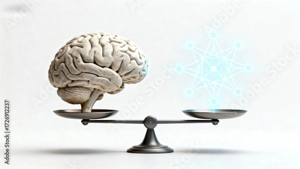 Fototapeta Human brain balanced on scale with glowing molecular structure