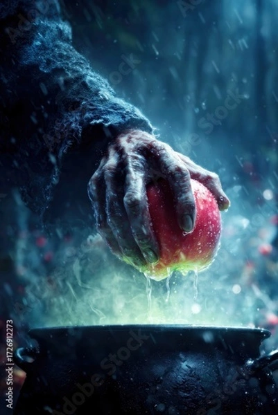 Fototapeta Close-up witch hand holding apple over cauldron
