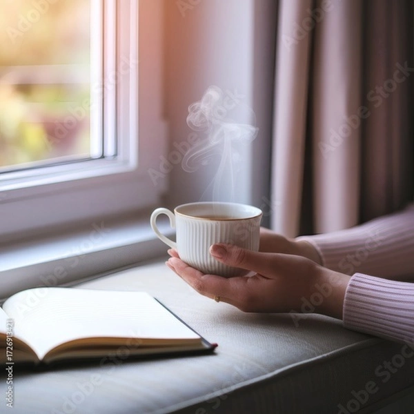 Obraz A woman enjoys a mindful tea ritual at a window seat with steam curling from the cup and a journal open. Close-up of hands and cup, soft ambient light, warm pastel tones, and intimate self-care mood. 