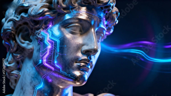Fototapeta Classical statue head with glowing neon circuitry and digital energy effects