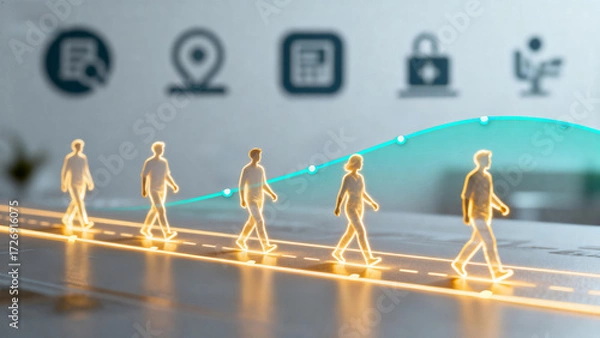 Fototapeta Miniature figures walking on a glowing path with digital icons in the background