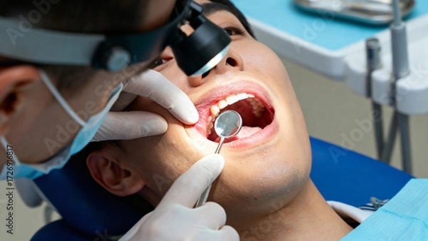 Fototapeta Dentist examining a patient's teeth using a dental mirror and light in a clinical setting