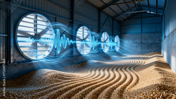 Fototapeta Grain storage facility with advanced ventilation system and sound wave visualization